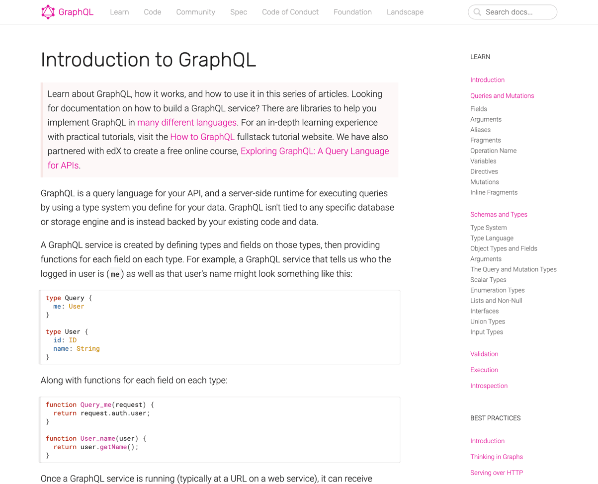 Screenshot of graphql.org v1 learn page